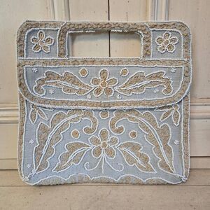 Vintage Blue and White Beaded And Embroidered Handbag Made in France